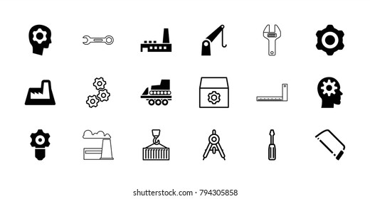 Engineering icons. set of 18 editable filled and outline engineering icons: hacksaw, gear keyhole, cargo crane, gear, factory, gear in head, compass, screwdriver