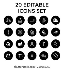 Engineering icons. set of 20 editable filled and outline engineering icons such as construction crane, excavator, hacksaw, cargo crane, cargo on hook, factory, wrench, compass