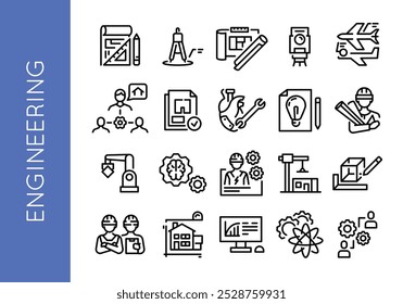 Ícones de engenharia. Conjunto de 20 ícones mínimos da moda engenharia. Bússola, Ferramenta de desenho, Ícones do trabalhador de construção. Placas de design para página da web, aplicativo móvel, documentação técnica. Ilustração vetorial