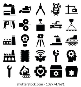 Engineering icons. set of 25 editable filled engineering icons such as level equipment, gear, wrench, excavator, hook with cargo, theodolite, gear connection, factory