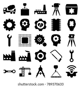 Engineering icons. set of 25 editable filled engineering icons such as gear, compass, factory, gear in head, wrench, concrete mixer, hook with cargo, theodolite, hacksaw