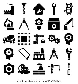 Engineering icons set. set of 25 engineering filled icons such as compass, construction crane, level equipment, factory, gear in head, gear, screw, wrench, screwdriver