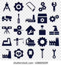 Engineering icons set. set of 25 engineering filled icons such as gear, compass, factory, screw, wrench, construction crane, screwdriver, concrete mixer, hook with cargo
