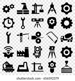 Engineering icons set. set of 25 engineering filled icons such as gear, compass, construction crane, factory, level equipment, wrench, concrete mixer, theodolite, hacksaw