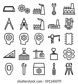 engineering icons set. Set of 25 engineering outline icons such as level equipment, gear in head, factory, gear, wrench, construction crane, screwdriver, hook with cargo