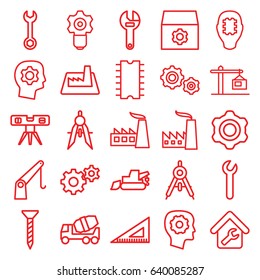 Engineering icons set. set of 25 engineering outline icons such as compass, gear in head, factory, gear, screw, wrench, concrete mixer, excavator, ruler, level ruler