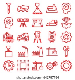 Engineering icons set. set of 25 engineering outline icons such as gear, construction crane, level equipment, gear in head, factory, screw, wrench, concrete mixer, excavator