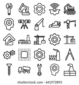 Engineering icons set. set of 25 engineering outline icons such as construction crane, factory, gear in head, screw, wrench, gear, excavator, concrete mixer, level ruler