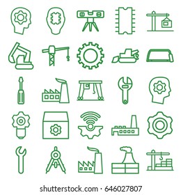 Engineering icons set. set of 25 engineering outline icons such as gear, compass, factory, construction crane, wrench, screwdriver, excavator, hacksaw, level ruler