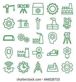 Engineering icons set. set of 25 engineering outline icons such as gear, compass, factory, level equipment, construction crane, excavator, theodolite, hacksaw, level ruler