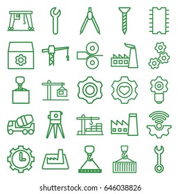 Engineering icons set. set of 25 engineering outline icons such as factory, gear, screw, wrench, construction crane, concrete mixer, hook with cargo, theodolite, heart in gear