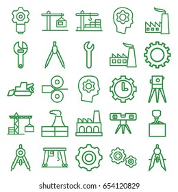 Engineering icons set. set of 25 engineering outline icons such as gear, compass, construction crane, factory, wrench, excavator, hook with cargo, theodolite, level ruler