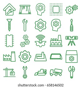 Engineering icons set. set of 25 engineering outline icons such as factory, gear, screw, wrench, screwdriver, excavator, concrete mixer, hacksaw, level ruler, cargo crane