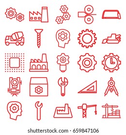 Engineering icons set. set of 25 engineering outline icons such as gear, compass, factory, level equipment, gear in head, screw, construction crane, wrench, concrete mixer