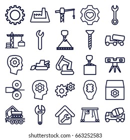 Engineering icons set. set of 25 engineering outline icons such as gear, construction crane, gear in head, screw, wrench, concrete mixer, excavator, hook with cargo