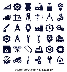 Engineering icons set. set of 36 engineering filled icons such as gear, compass, factory, wrench, construction crane, screwdriver, concrete mixer, excavator, hook with cargo