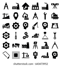 Engineering icons set. set of 36 engineering filled icons such as compass, factory, gear in head, wrench, screwdriver, concrete mixer, excavator, hook with cargo, theodolite