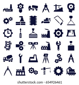 Engineering icons set. set of 36 engineering filled icons such as gear, compass, level equipment, factory, gear in head, construction crane, wrench, screwdriver
