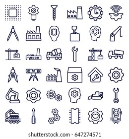 Engineering icons set. set of 36 engineering outline icons such as construction crane, factory, level equipment, gear, screw, wrench, screwdriver, concrete mixer, excavator