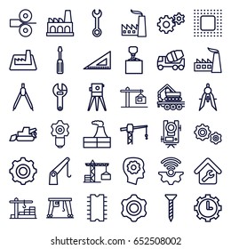 Engineering icons set. set of 36 engineering outline icons such as construction crane, level equipment, factory, gear in head, screw, wrench, gear, screwdriver, concrete mixer