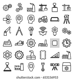 Engineering icons set. set of 36 engineering outline icons such as gear, construction crane, factory, wrench, concrete mixer, excavator, hook with cargo, theodolite, hacksaw
