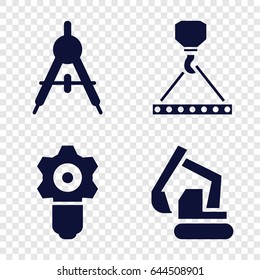 Engineering icons set. set of 4 engineering filled icons such as compass, excavator, hook with cargo