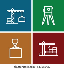 engineering icons set. Set of 4 engineering outline icons such as construction crane, hook with cargo, theodolite