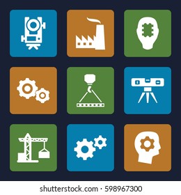engineering icons set. Set of 9 engineering filled icons such as construction crane, level equipment, gear, hook with cargo, level ruler, gear    sign symb, factory