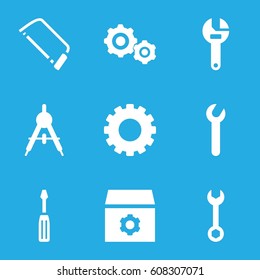 Engineering icons set. set of 9 engineering filled icons such as gear, compass, wrench, screwdriver, hacksaw