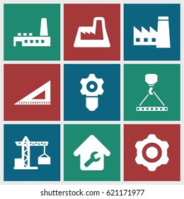 Engineering icons set. set of 9 engineering filled icons such as construction crane, factory, hook with cargo, ruler, home repair, gear keyhole