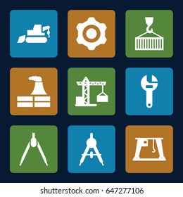 Engineering icons set. set of 9 engineering filled icons such as compass, construction crane, factory, wrench, excavator, cargo on hook, cargo crane