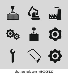Engineering icons set. set of 9 engineering filled icons such as excavator, hook with cargo, hacksaw, cargo on hook, gear    sign symb, wrench, factory