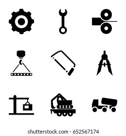 Engineering icons set. set of 9 engineering filled icons such as wrench, concrete mixer, hook with cargo, hacksaw, compass, cargo crane, construction  crane, gear    sign symb