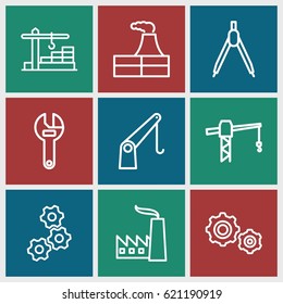 Engineering icons set. set of 9 engineering outline icons such as factory, construction crane, wrench, cargo crane, construction  crane, gear    sign symb, gear