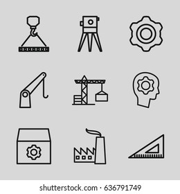 Engineering icons set. set of 9 engineering outline icons such as construction crane, gear, hook with cargo, theodolite, ruler, cargo crane, gear in head