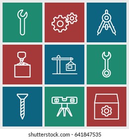 Engineering icons set. set of 9 engineering outline icons such as compass, gear, screw, wrench, hook with cargo, level ruler