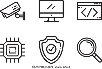 Engineering icons set,  camera, monitor, coding tags, chip, shield, loupe vector icons, Part of technology icon set