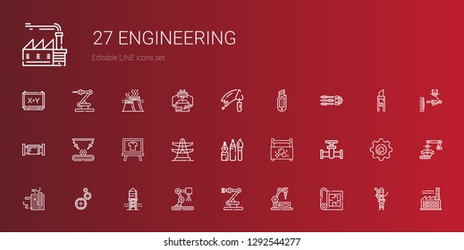 engineering icons set. Collection of engineering with blueprint, industrial robot, reservoir, settings, motherboard, pipe, toolbox, tools. Editable and scalable engineering icons.