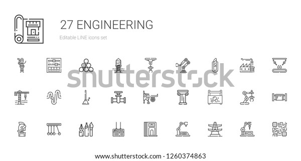 engineering\
icons set. Collection of engineering with electric tower,\
industrial robot, divider, board, tools, newton, helmet, toolbox.\
Editable and scalable engineering\
icons.