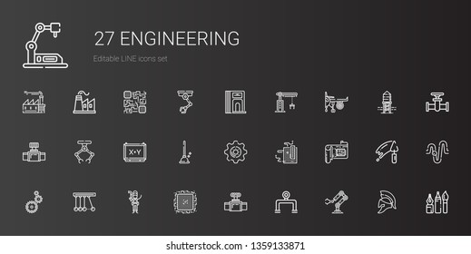 engineering icons set. Collection of engineering with industrial robot, pipeline, valve, cpu, plumber, newton, settings, motherboard. Editable and scalable engineering icons.