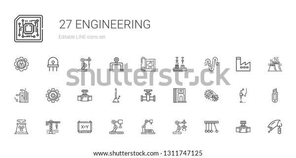 engineering\
icons set. Collection of engineering with newton, industrial robot,\
board, crane, nuclear plant, setting, divider, pipe, plunger.\
Editable and scalable engineering\
icons.