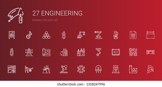 engineering icons set. Collection of engineering with nuclear plant, diode, electronic, industrial robot, industry, engine, settings. Editable and scalable engineering icons.