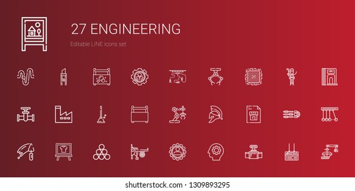 engineering icons set. Collection of engineering with valve, gear, settings, engine, industry, board, trowel, blueprint, helmet, industrial robot. Editable and scalable engineering icons.