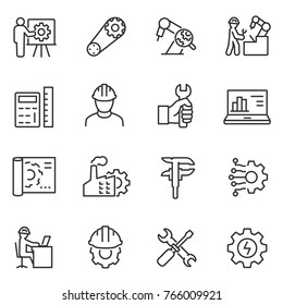 Engineering icons set. Engineer, linear style. Field of technical activity for invent, innovate, design, build, maintain and research. Line with editable stroke