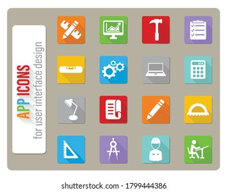 Engineering icons set in flat design with long shadow