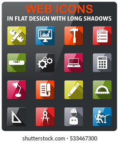 Engineering icons set in flat design with long shadow