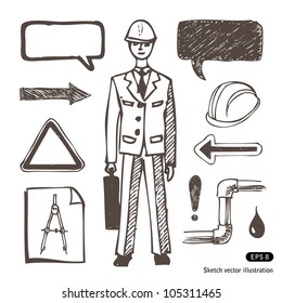 Engineering icons set. Hand drawn sketch illustration isolated on white background