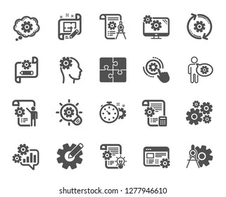 Engineering icons. Set of Idea bulb, Dividers tools and Blueprint icons. Cogwheel, calculate price, mechanical tools. Idea bulb with cog, architect dividers, engineering people. Quality design element