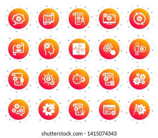 Engineering icons. Set of Idea bulb, Dividers tools and Blueprint icons. Cogwheel, calculate price, mechanical tools. Idea bulb with cog, architect dividers, engineering people. Gradient buttons set