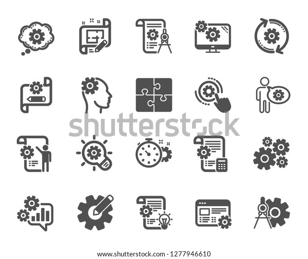 Engineering icons. Set of Idea bulb, Dividers\
tools and Blueprint icons. Cogwheel, calculate price, mechanical\
tools. Idea bulb with cog, architect dividers, engineering people.\
Quality design\
element